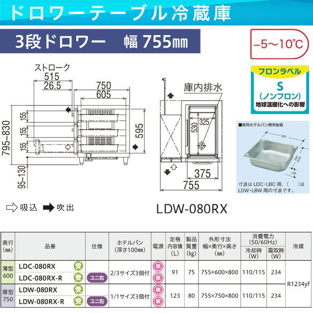 業務用冷蔵機器 123L フクシマガリレイ LDW-080RX 3段ドロワーテーブル冷蔵庫【新品】【メーカー直送品】【代引・土日祝配送・時間指定 不可】の画像