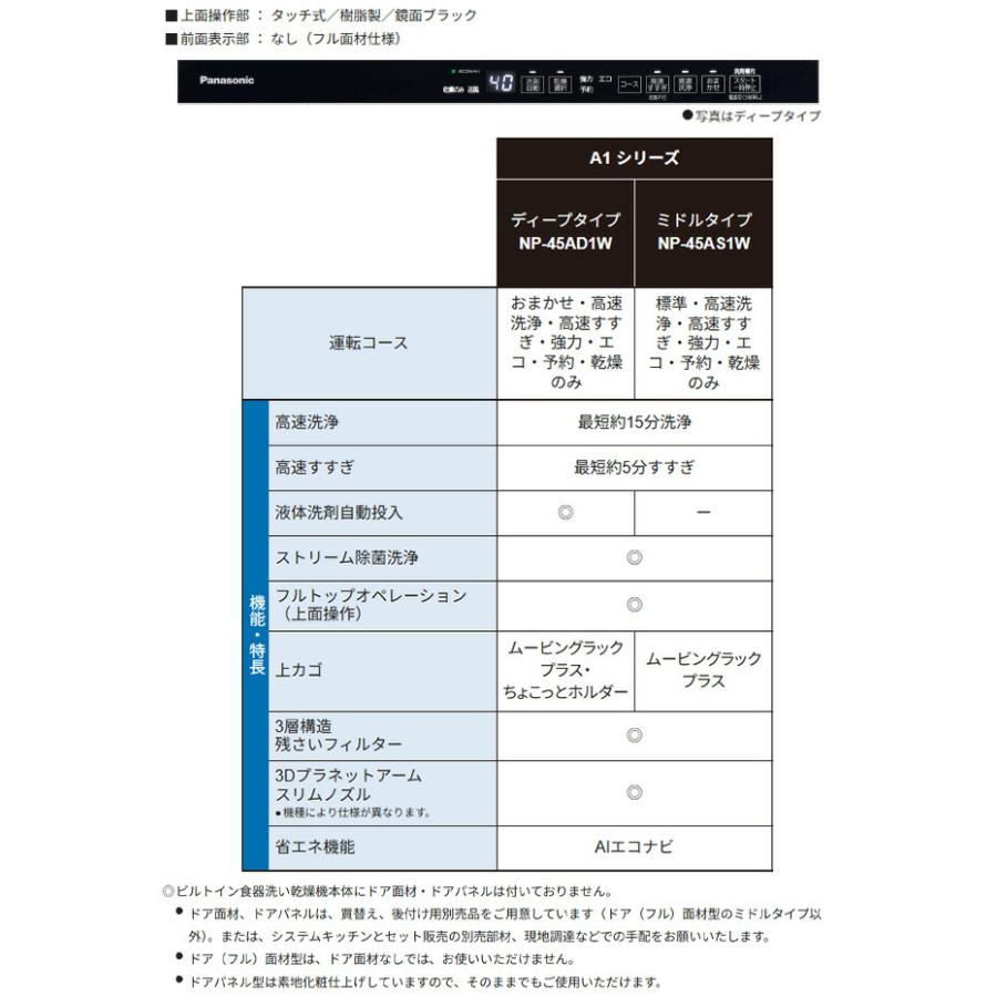 プルオープンタイプ A1シリーズ 食器洗い乾燥機 ミドルタイプ パナソニック NP-45AS1W ドアフル面材型 【工事対応不可】の画像
