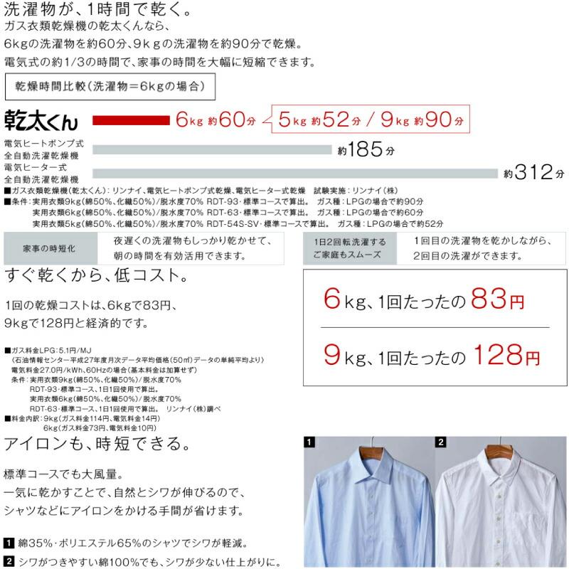 乾太くん デラックスタイプ ガス衣類乾燥機 乾燥容量：9.0kg リンナイ RDT-93-LPG ガス衣類乾燥機 ピュアホワイト 【プロパンガス】｜torikae-com｜05