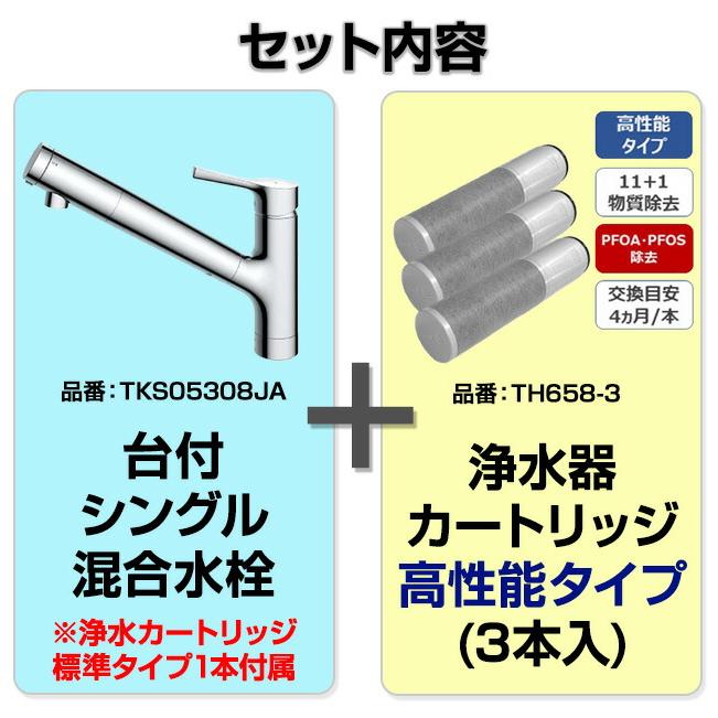 台付シングル混合水栓＋浄水器カートリッジ（3本入り）セット キッチン水栓 浄水カートリッジ内蔵 TOTO TKS05308JA+TH658-3 台付 ワンホール
