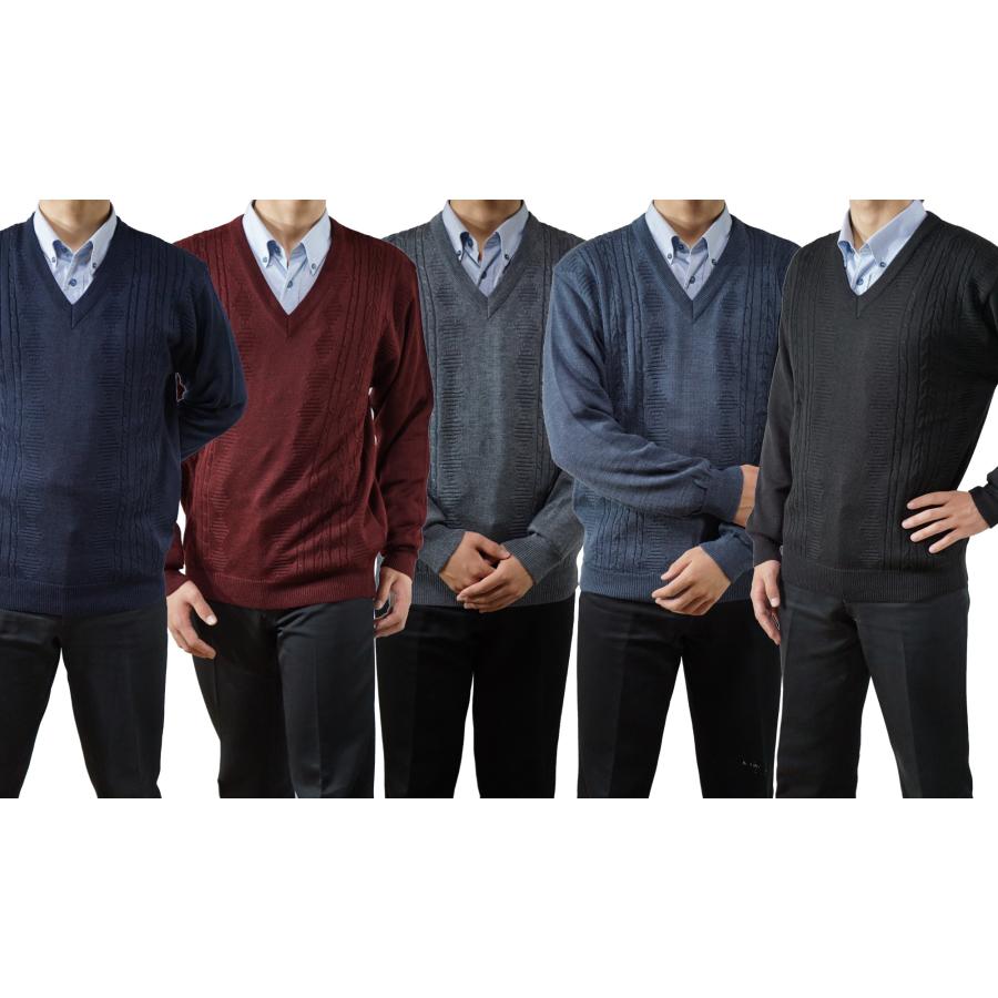 日本製 ニット セーター M~LL 洗濯OK 毛玉抑制 縄柄 ビジネス Vネック