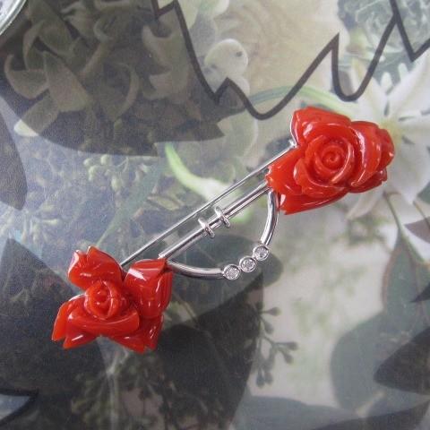 高知産赤珊瑚薔薇の花のブローチ/K14WG/ダイヤ0.075ct/『宝石サンゴ』の画像