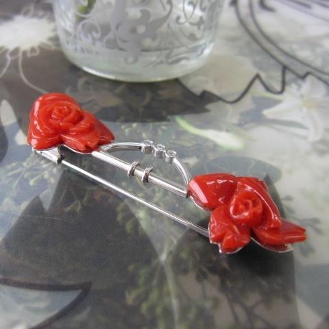 高知産赤珊瑚薔薇の花のブローチ/K14WG/ダイヤ0.075ct/『宝石サンゴ』の画像