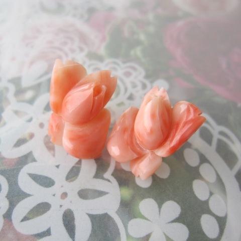 ピンク珊瑚 大輪の薔薇の花ピアス /K18/天然さんご /『宝石サンゴ