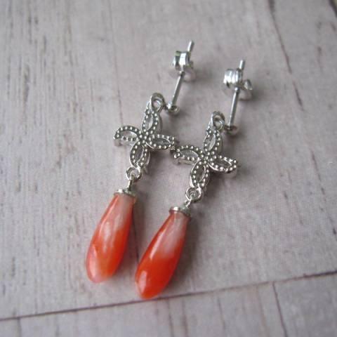 高知産赤珊瑚ティアドロップのデザインピアス/SILVER/キュービック
