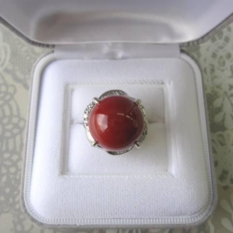 日本・高知産血赤珊瑚の 「豪華・大粒」プラチナデザインリング・ 指輪