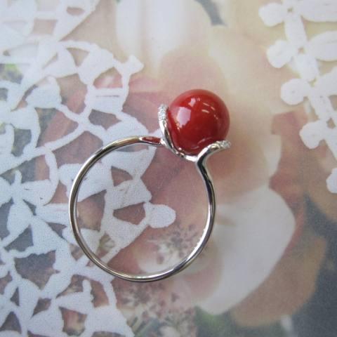 高知産赤珊瑚の プラチナリング・指輪 /（8.1ミリ）/ダイヤ0.06ct /Pt900/『宝石サンゴ』の画像