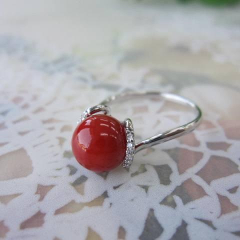高知産赤珊瑚の プラチナリング・指輪 /（8.1ミリ）/ダイヤ0.06ct /Pt900/『宝石サンゴ』の画像