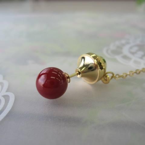 日本・高知産血赤珊瑚丸玉のタイタック （8.9ミリ）/K18針/タイピン