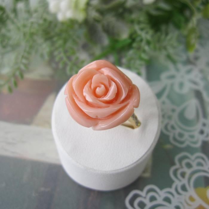 ピンク珊瑚 大輪 薔薇の花 リング 指輪 K18 ダイヤ0.12ct 天然石 宝石 