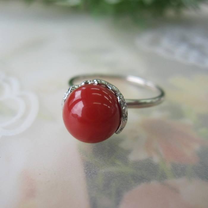 日本 高知産赤珊瑚 リング 指輪 （8.4ミリ） ダイヤ0.01ct Pt900