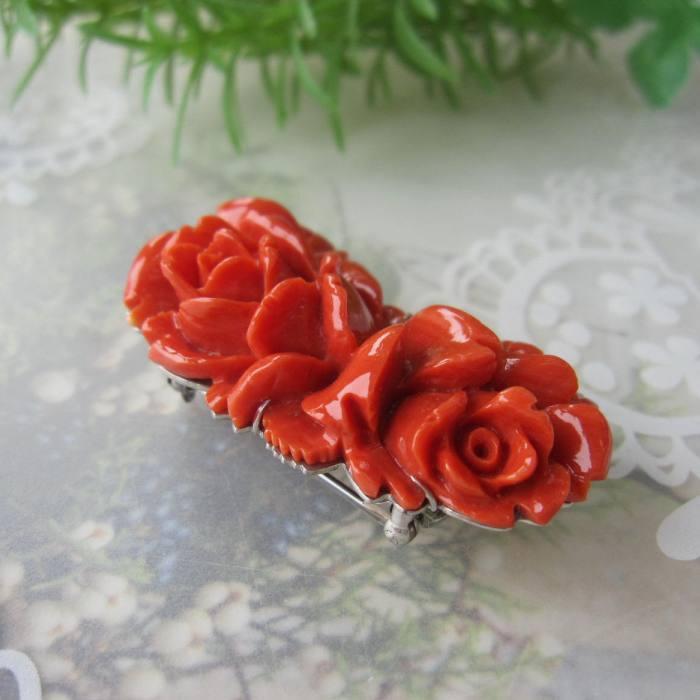 桃珊瑚 美しい 薔薇の花 ブローチ 兼 帯留 SILVER 帯 着物 和装小物 