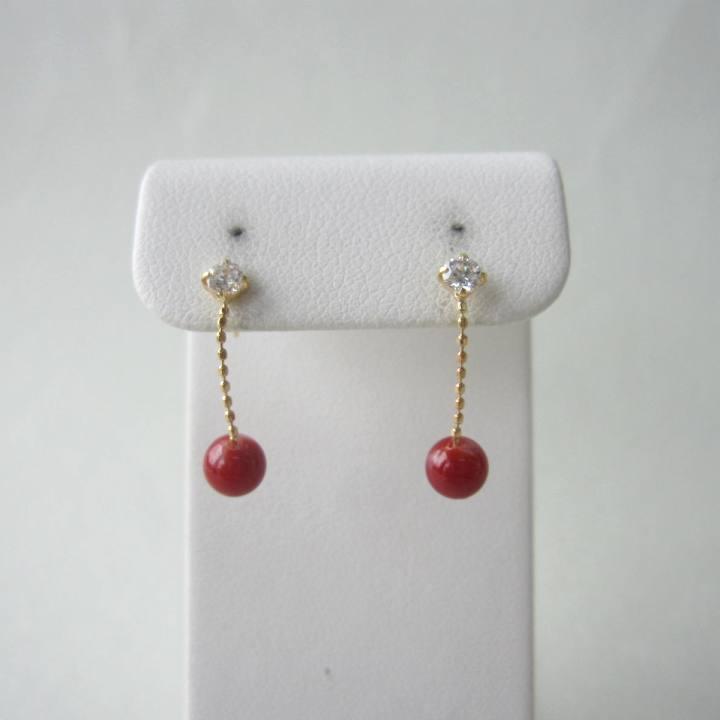 高知県産　血赤珊瑚　ピアス　K18 日本 高知産血赤珊瑚 デザイン ピアス （5.1ミリ) K18 直結 宝石サンゴ