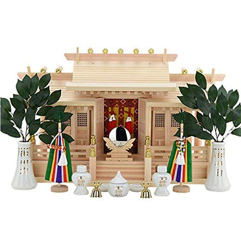 お仏壇のはせがわ 神棚 セット モダン シンプル 神殿 東濃桧 国産格子付三社 みす付 ７５ 神具セット付 あすつく