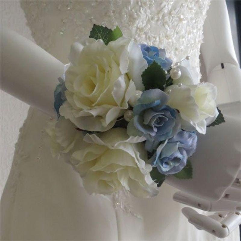 新年の贈り物 ウエディングブーケ ブライダル 造花 リストブーケ白バラ ライトブルー リスレットs