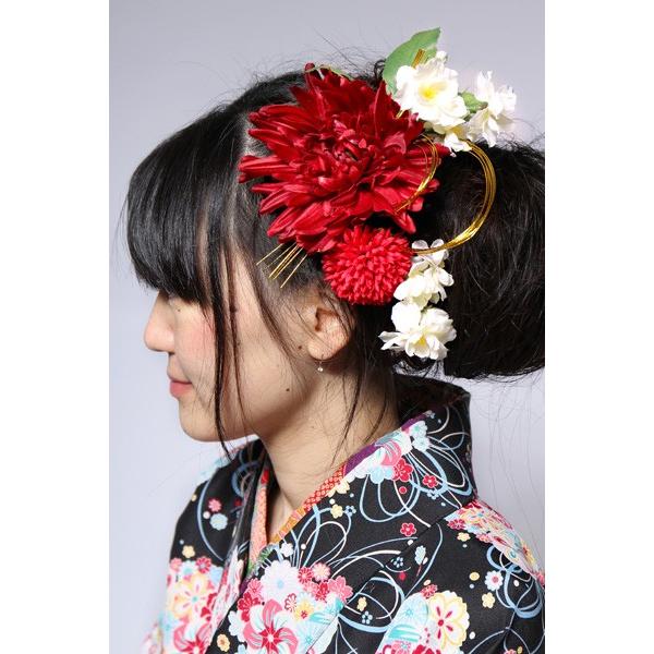 赤色花柄浴衣・白帯・髪飾りセット 和花の髪飾り赤菊 2個セット 紅白振袖用 髪かざり やに 和 ヘアメイク