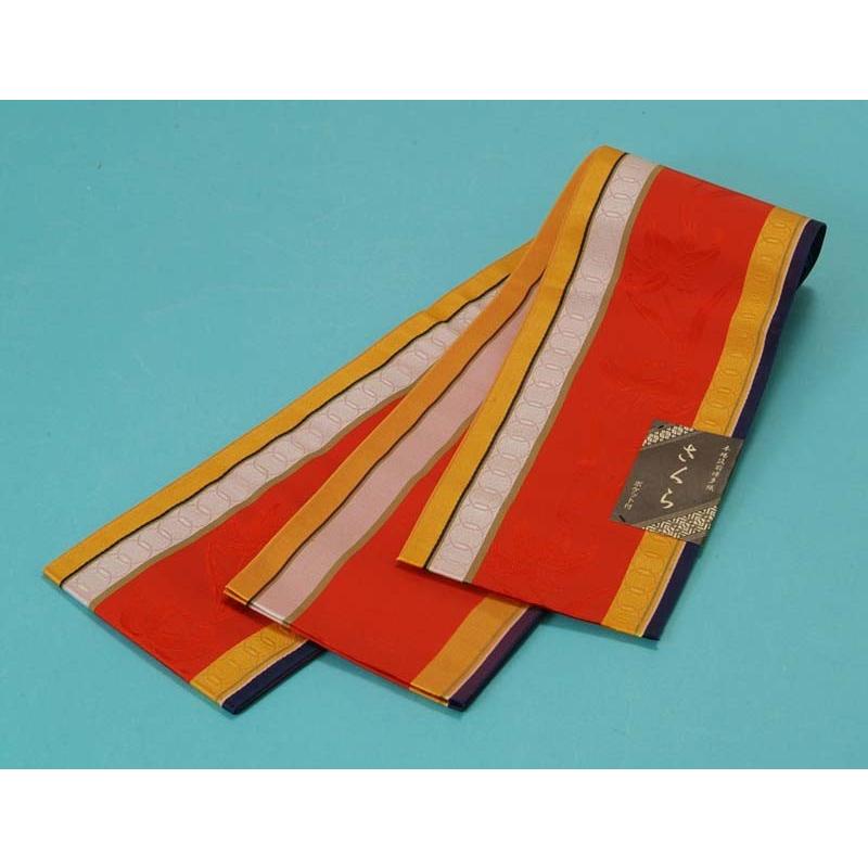 送料無料 小袋帯 （正絹本場筑前博多織） ユリ（赤・やまぶき） 半巾、半幅帯