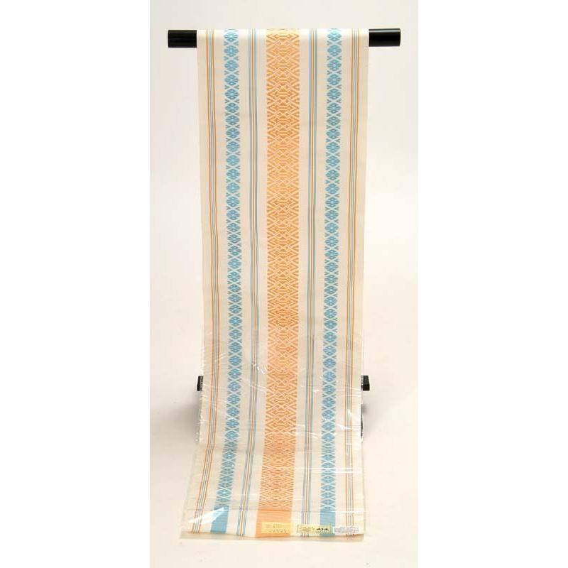 【新品未使用】八寸名古屋帯 筑前 博多織 白水色オレンジ 献上柄 正絹 正絹本場筑前博多織 八寸名古屋帯 献上柄 白地水色 オレンジ