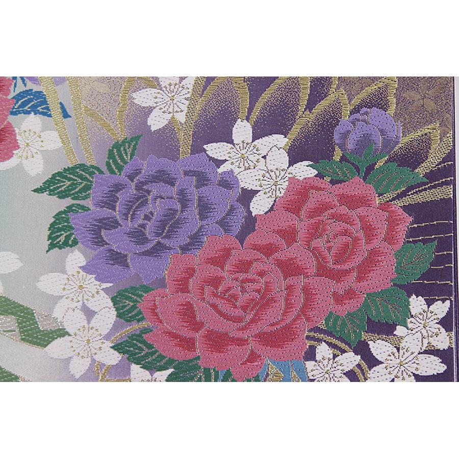 訳あり 西陣袋帯 正絹袋帯 別誂え 紫×金×ピンク（バラ） 未仕立商品 正装用 フォーマル 仕立代無料サービス 振袖用 証紙番号2219 (株）志都香の画像