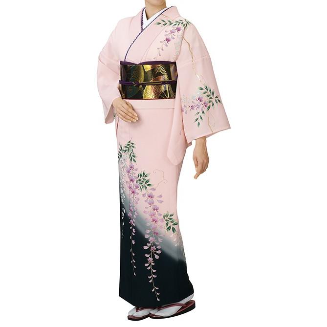 踊り衣裳【反物 川印 一越本絵羽】ピンク×黒（藤柄） 取り寄せ商品