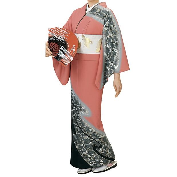 踊り衣裳【反物 川印 一越本絵羽】サーモンピンク×黒 取り寄せ商品 