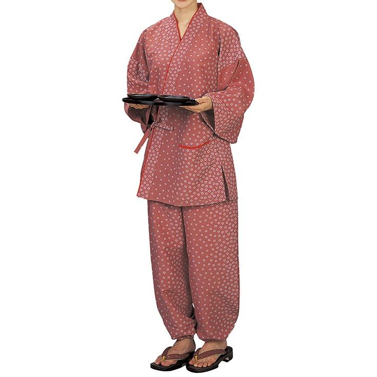 踊り衣裳【割烹用作務衣 膳印】ピンク（小花柄） 取り寄せ商品 「日本の踊り」掲載 割烹料理店 和食店 制服 作務衣 女性用 レディース 洗える着物