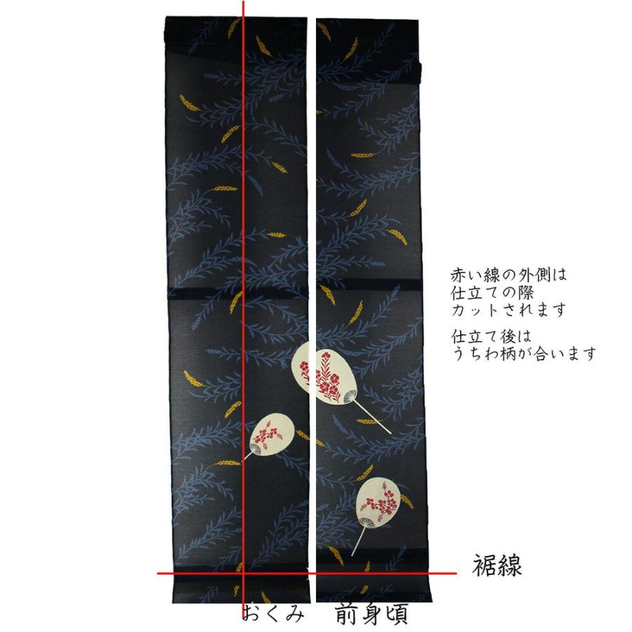 呉服屋 紫織庵 女物 絵羽付浴衣 反物 蓼にうちわ（濃紺）綿100% 綿絽