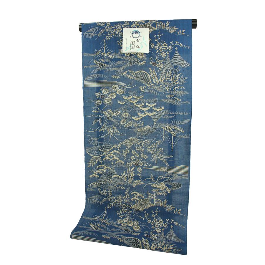呉服屋 竺仙鑑製 女物 浴衣 反物 紺×ベージュ（茶屋辻） 奥州小紋 引き