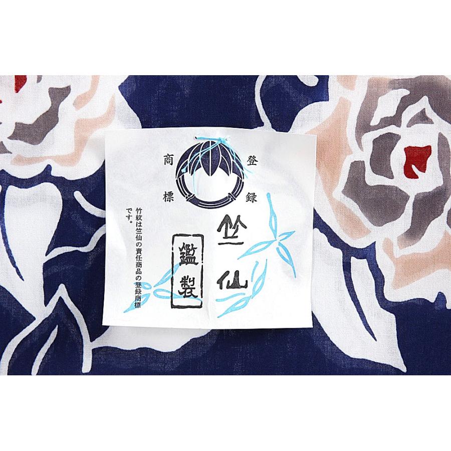 呉服屋 竺仙謹製 女物 浴衣 反物 紺×白×ピンク（バラ） コーマ 有色 注