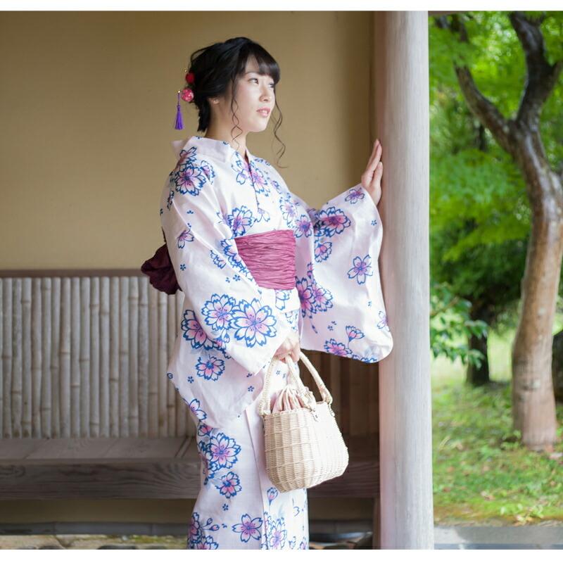 大人かわいい！綿麻ゆかた仕立て上がり3点セットレディース 大人
