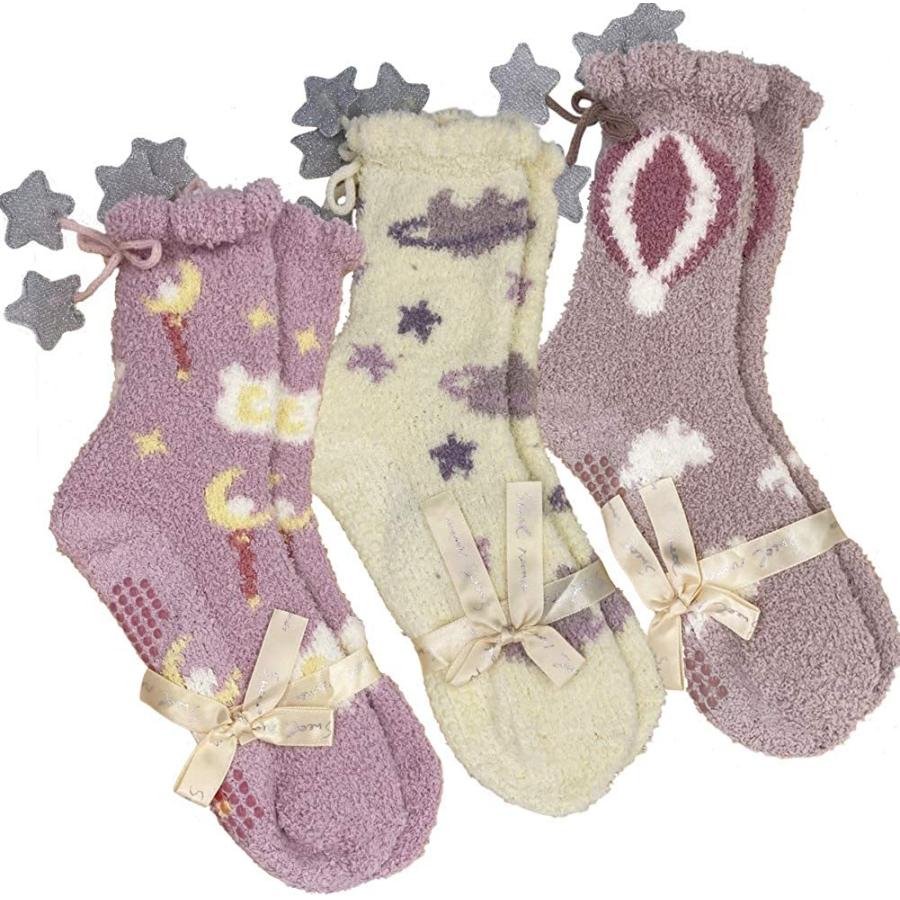 Ifsun 3足組 レディース 可愛い モコモコソックス ソフト 防寒靴下 ルーム用 滑り止め付き 暖かい 激安本物 厚手 就 裏起毛 星のリボン付き ふわふわ