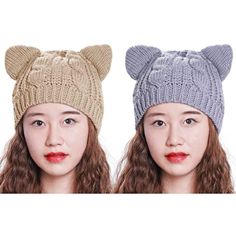 【激安大特価！】  baotongle Women H Beanie Ear Cat Caps Knit Braided Crochet Ear Cat Hat その他帽子