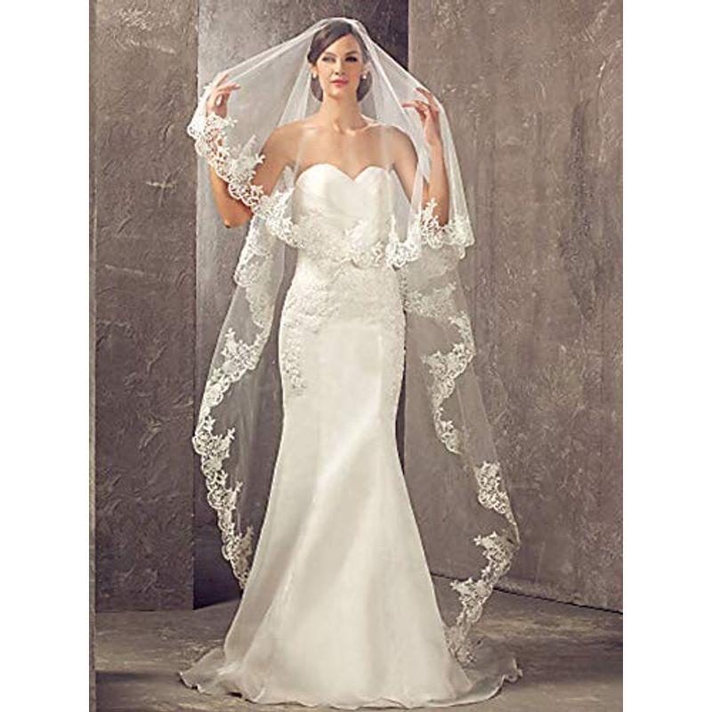 Aukmla Wedding Bridal Veils Ivory Beautiful Long Veil with Lace and Me｜toshizou-netstyle｜04