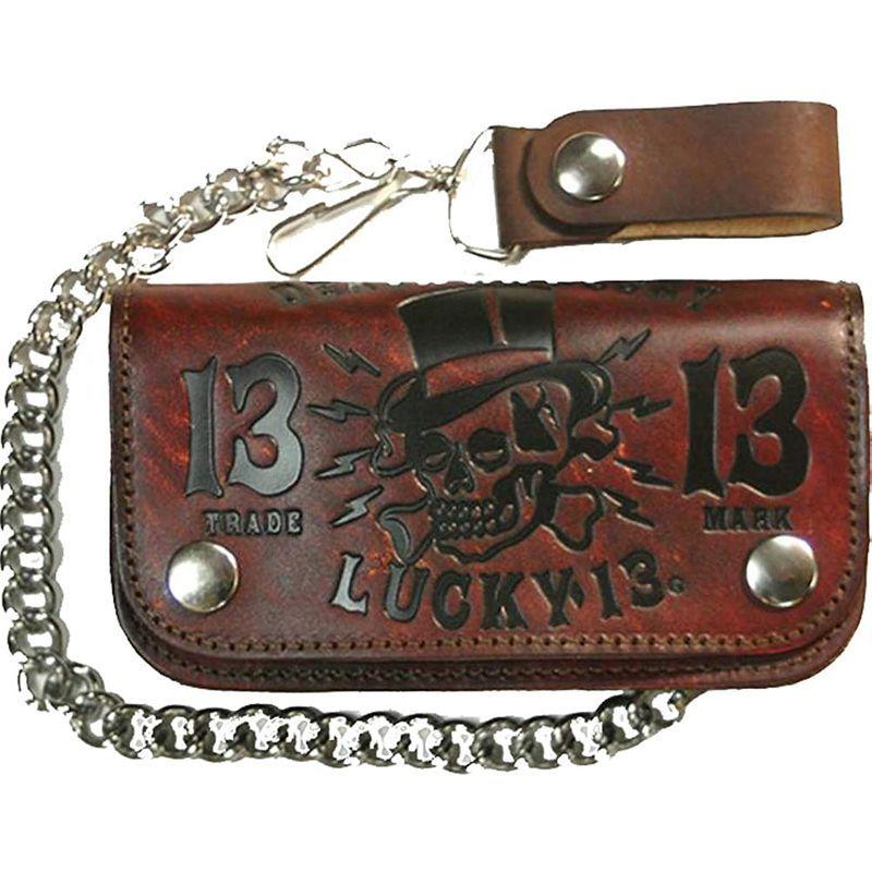 【保存版】 Lucky 13 DEATH OR GLORY Embossed Leather Wallet Antiqued Brown ウォレットチェーン