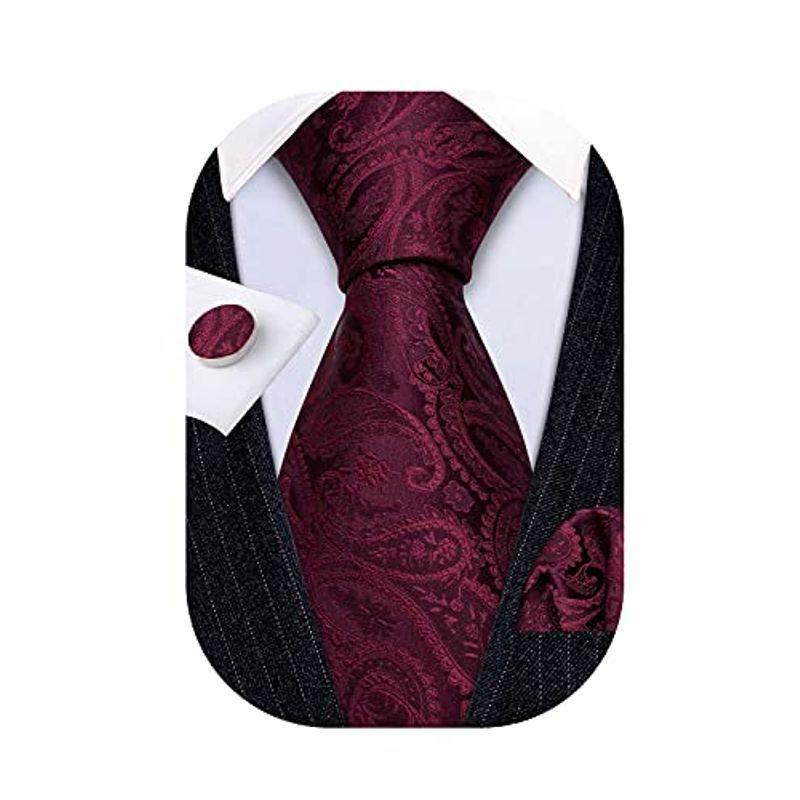 Barry.Wang Men Wine Red Paisley Tie Silk Tie Pocket Square Cufflinks S｜toshizou-netstyle｜06