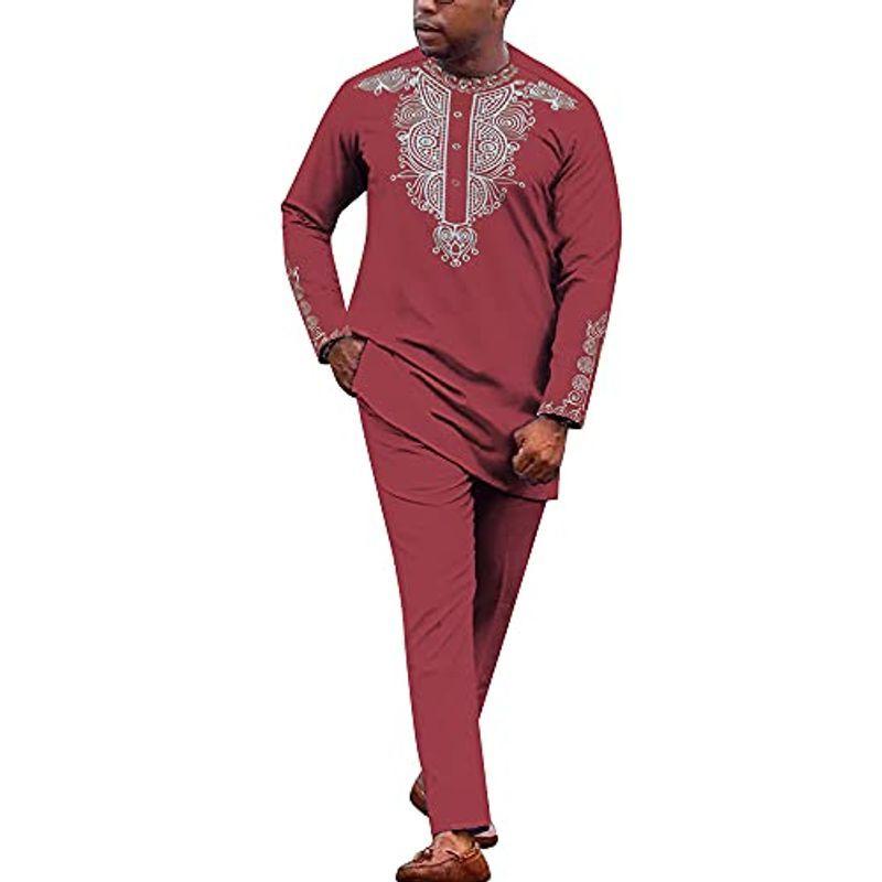 Pieces 2 African Embroidery Men's HD Outfit an Top Dashiki Traditional その他スーツ、フォーマル 【あすつく】