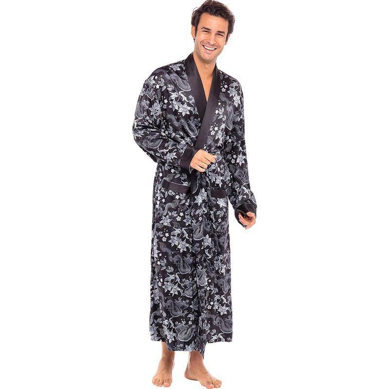 Alexander Del Rossa Men's Lightweight Satin Robe, Long, Small Silver D|toshizou-netstyle|04