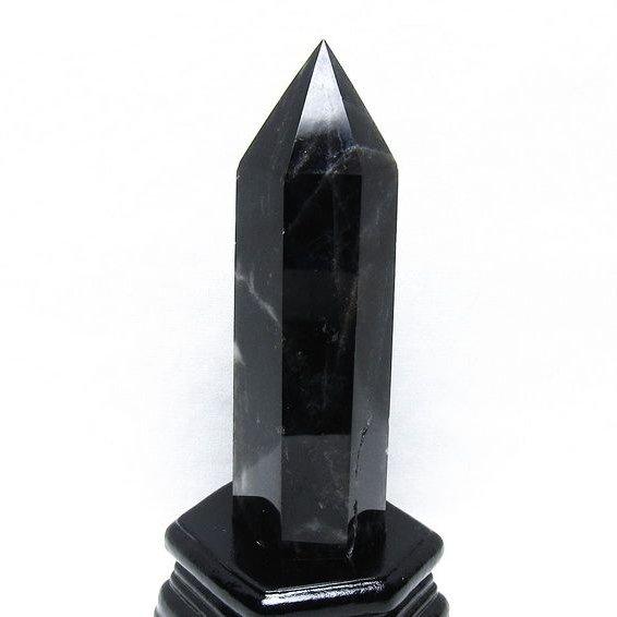 黒水晶 六角柱 モリオン ポイント 置物 一点物 台座付属 152-4327