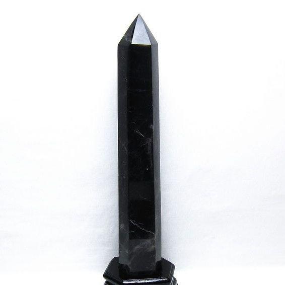 1.6Kg 黒水晶 六角柱 モリオン ポイント 置物 一点物 台座付属 送料