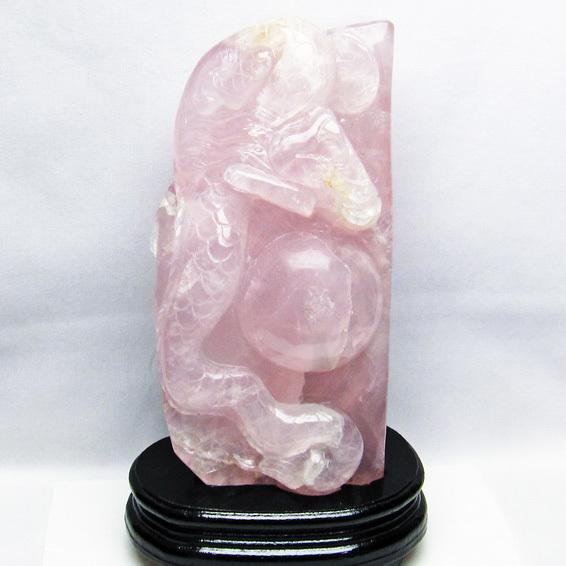 3.5Kg ローズクォーツ 彫刻品-龍 置物 台座付属 送料無料 一点物 164-8