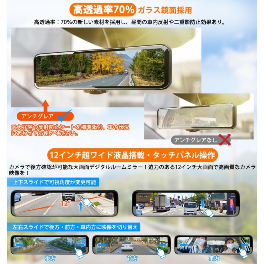 PORMIDO ドライブレコーダー ミラー型 前後 360度 12インチ 2K