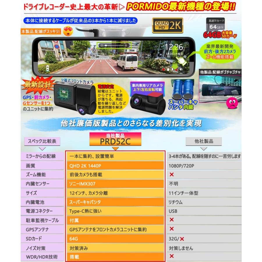 PORMIDO ドライブレコーダー ミラー型 12インチ 前後カメラ 分離 PORMIDO ドライブレコーダー ミラー型 12インチ 前後カメラ 分離
