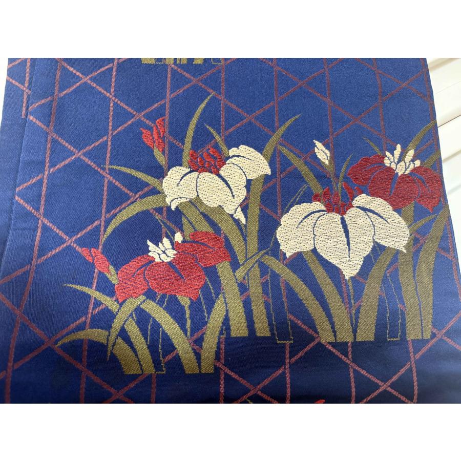 名古屋帯 ブルー系 藍色系 草花文 杜若 かきつばた 幅約30cm 名古屋帯 ブルー系 藍色系 草花文 杜若 かきつばた 幅約30cm
