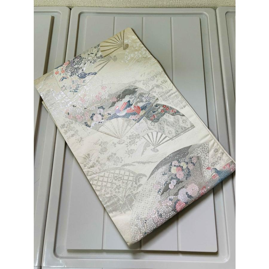 名古屋帯 銀色系 草花文 扇 鳥 菊 幅約30cm 着物帯 正絹 TCS着物 名古屋帯 銀色系 草花文 扇 鳥 菊 幅約30cm 着物帯 正絹 TCS着物