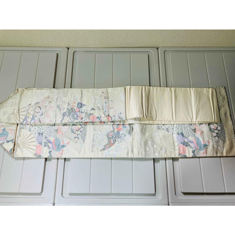 名古屋帯 銀色系 草花文 扇 鳥 菊 幅約30cm 着物帯 正絹 TCS着物 名古屋帯 銀色系 草花文 扇 鳥 菊 幅約30cm 着物帯 正絹 TCS着物