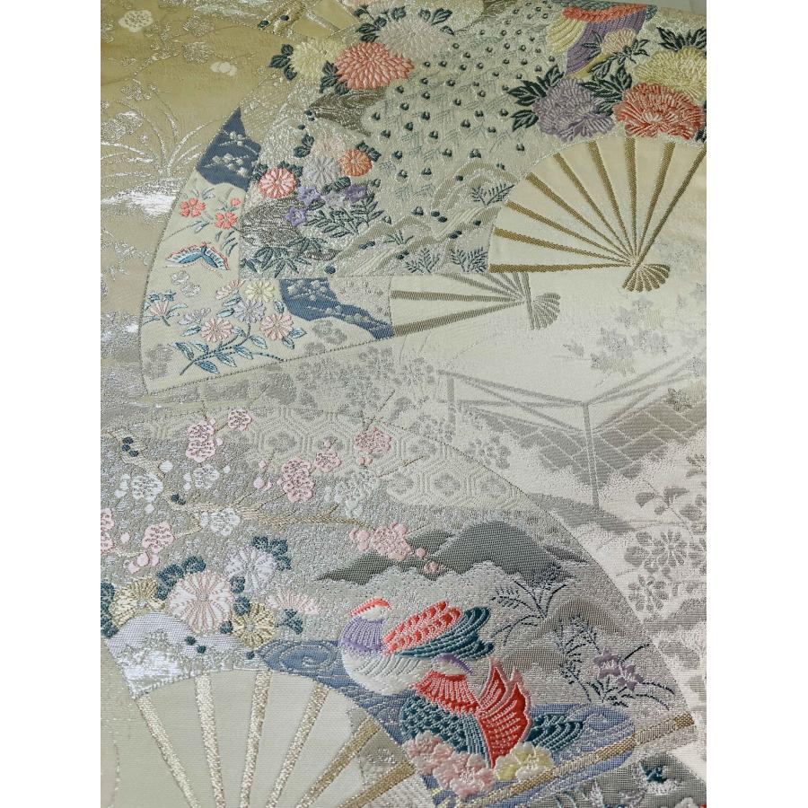 名古屋帯 銀色系 草花文 扇 鳥 菊 幅約30cm 着物帯 正絹 TCS着物 名古屋帯 銀色系 草花文 扇 鳥 菊 幅約30cm 着物帯 正絹 TCS着物