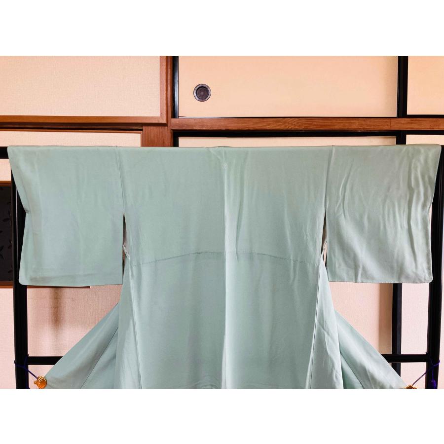 着物 付下げ 正絹 / グリーン系 緑色系 草花文 一つ紋 付け下げ 身丈約