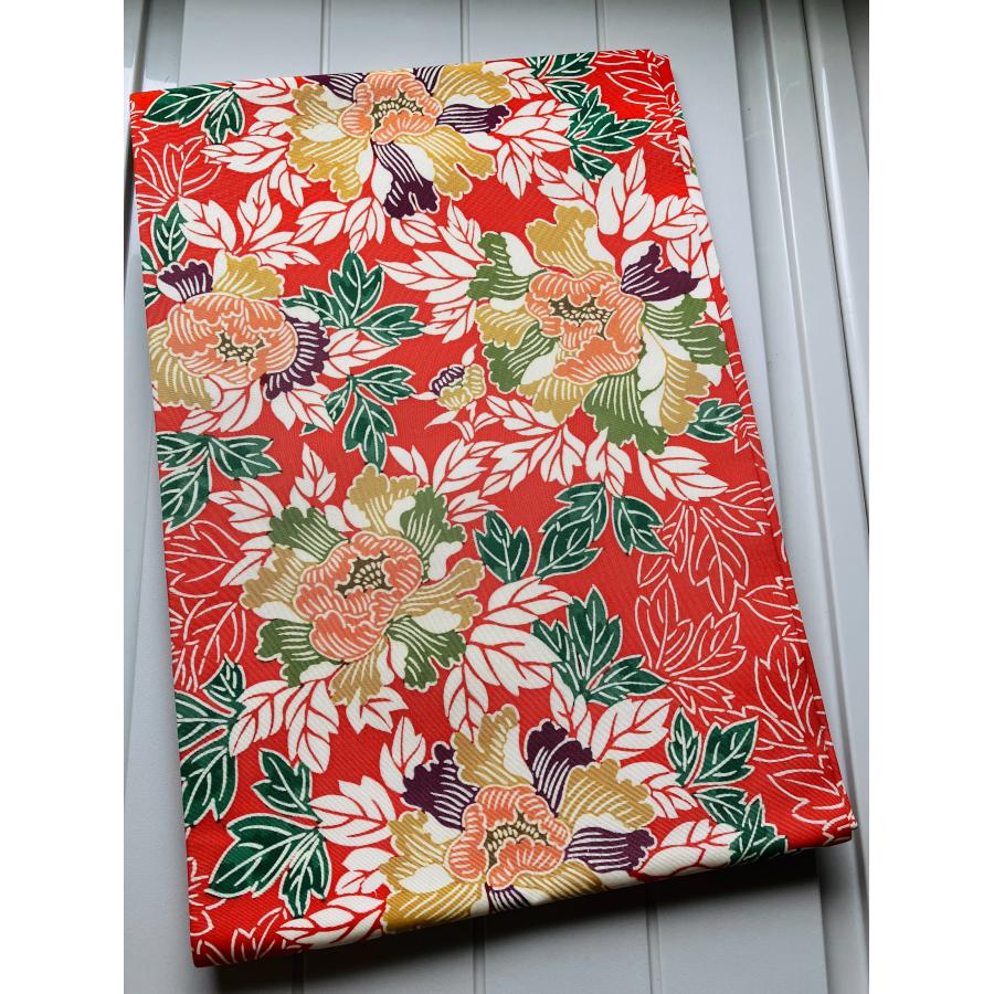 名古屋帯 豪華な柄 草花文 椿 つばき 赤色系 レッド系 正絹 幅約30cm 