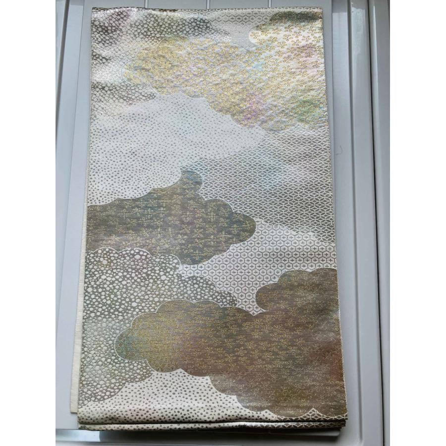 袋帯 正絹 / 銀色系 シルバー系 草花文 雲 幅約31cm 着物帯 TCS着物 