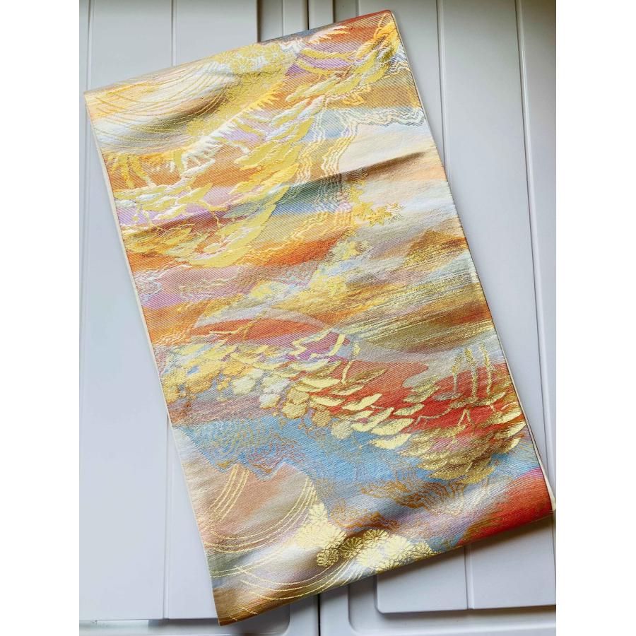 袋帯 正絹 / 金色系 ゴールド系 風景 菊 紅葉 幅約31cm 着物帯 TCS着物 